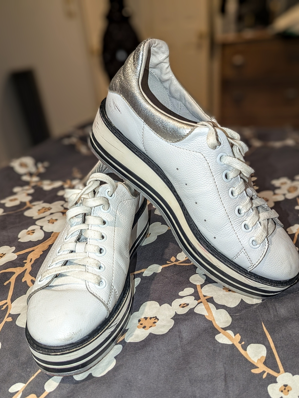 White Platform Women's Sneakers with Silver Heel Accent
